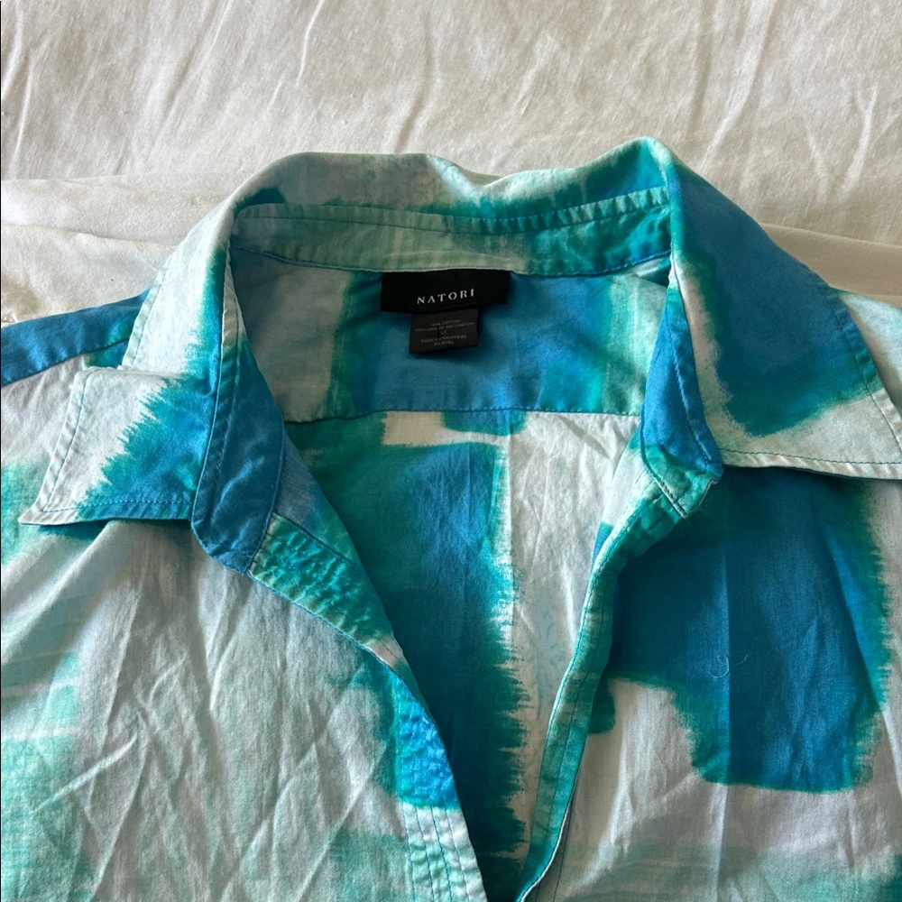 Natori Teal and Aqua Abstract Collared coverup